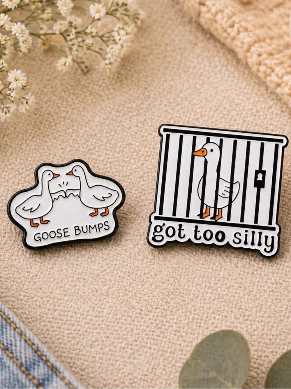 White Goose Enamel Pin Set - 'Goose Bumps' & 'Got Too Silly'